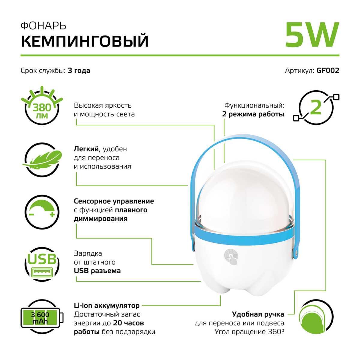 Уличное освещение Кемпинговый светодиодный фонарь Gauss GF002 голубой пластик