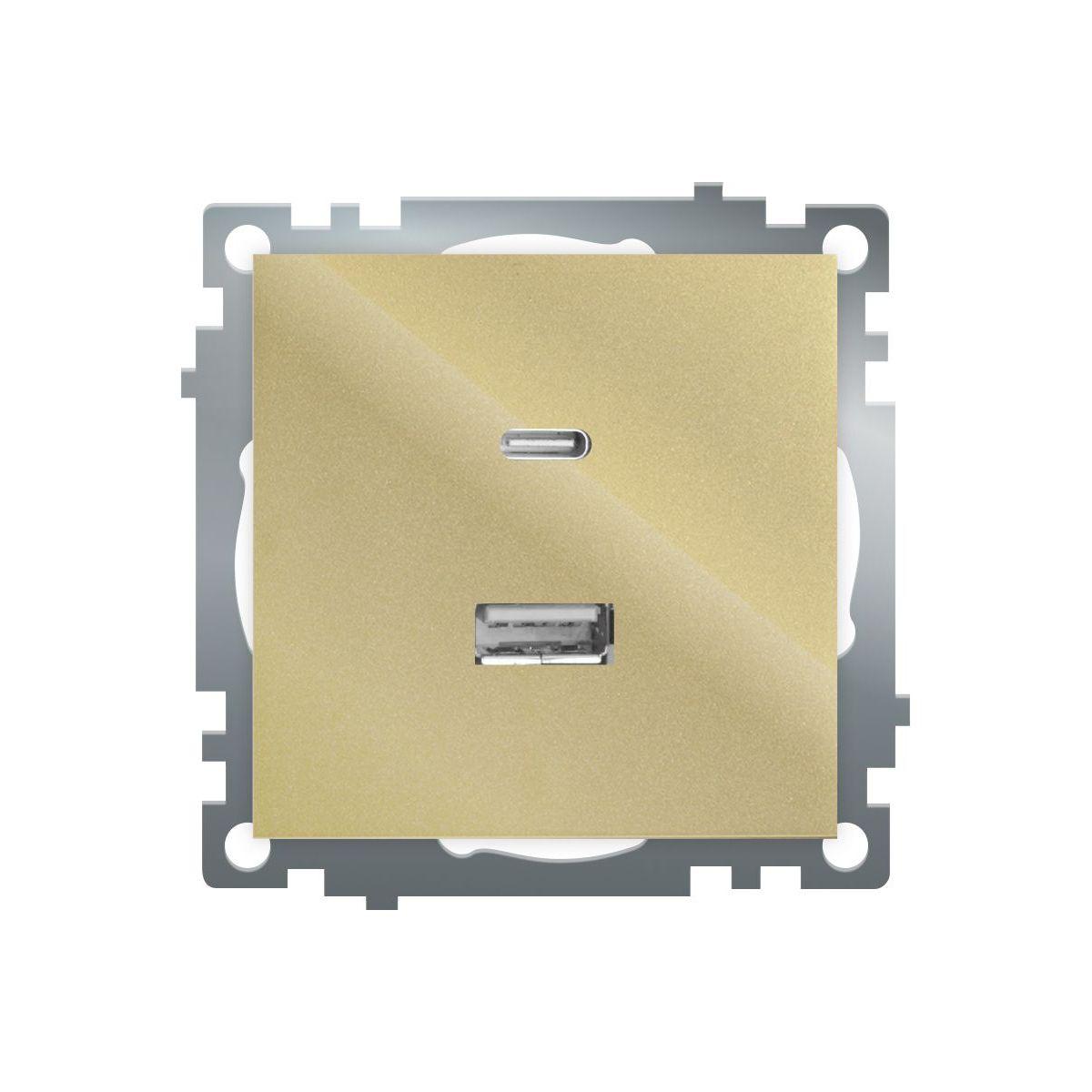 Электротовар Розетка 2-местная USB + type C (механизм), 250В, 3А, max 20W, STEKKER,… золото пластик