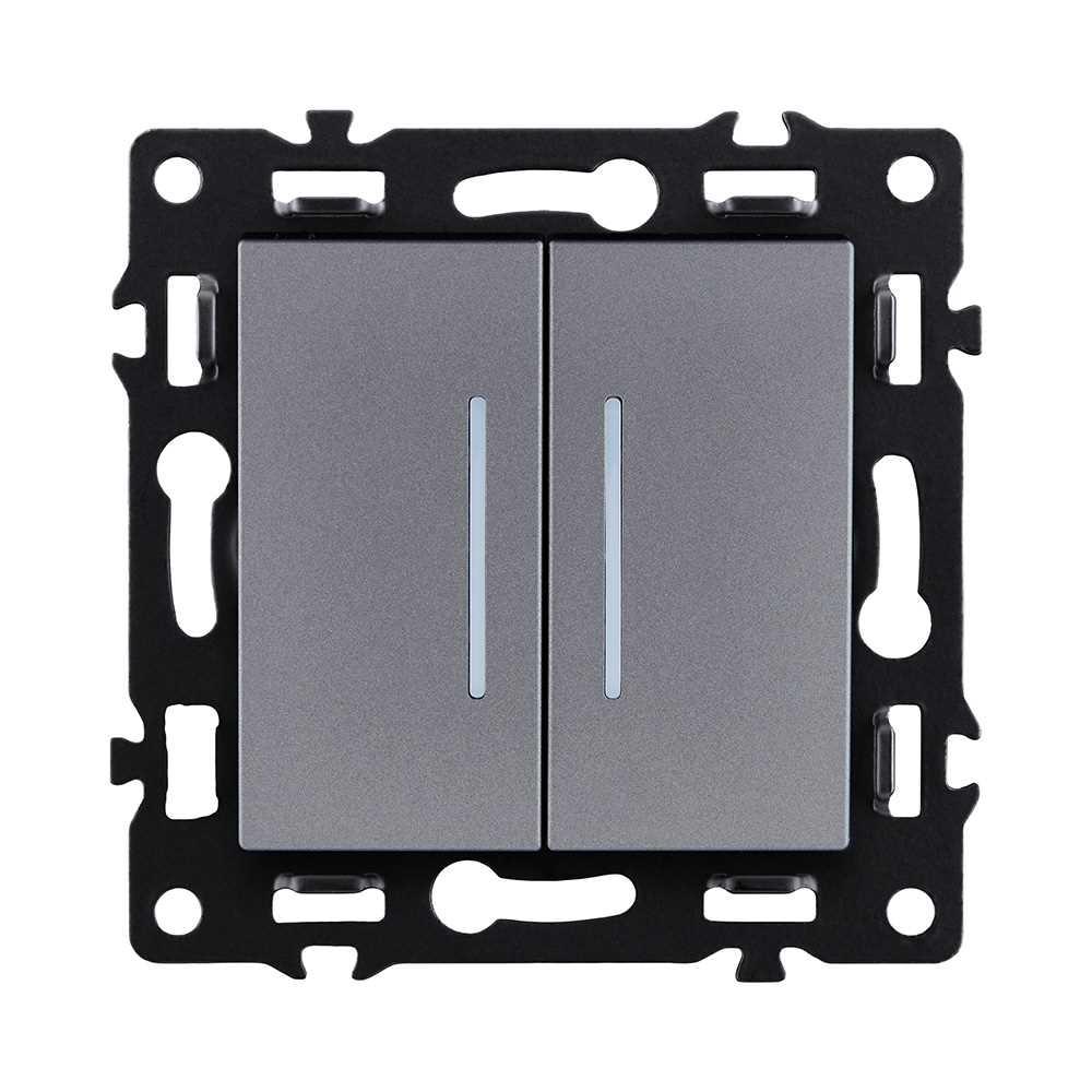 Электротовар Выключатель 2-клавишный 10А / 250В с LED подсветкой, серый Kollinger Asthetik AS-010GY серый