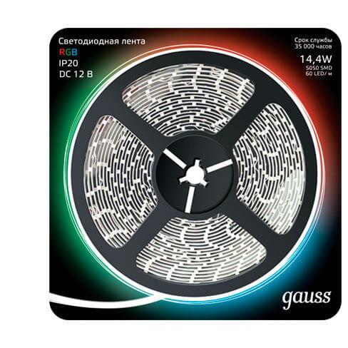 Светодиодные лент Светодиодная лента Gauss m 60LED m 5050SMD RGB 5M разноцветный пластик
