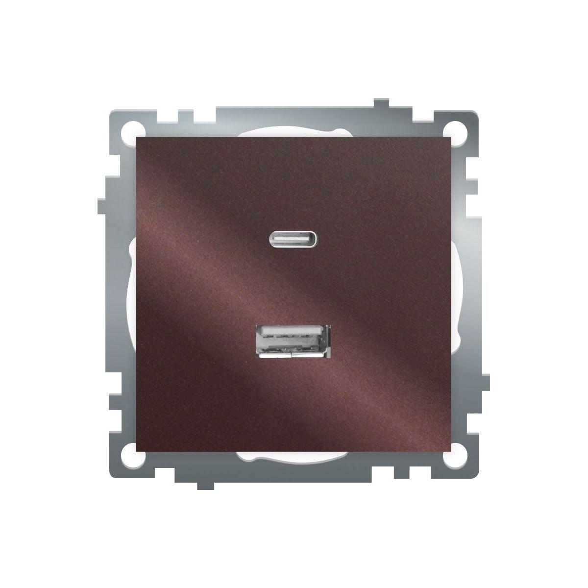 Электротовар Розетка 2-местная USB + type C, STEKKER GLS10-7116-04, 250В, 3А, max 20W, серия… коричневый пластик