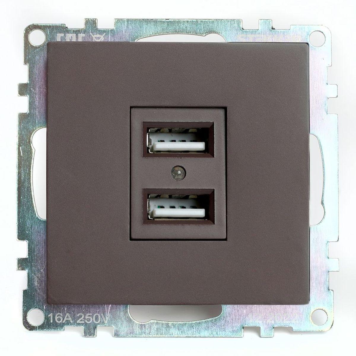 Электротовар Розетка двухместная USB Stekker Катрин шоколад GLS10-7115-04 49027 коричневый пластик
