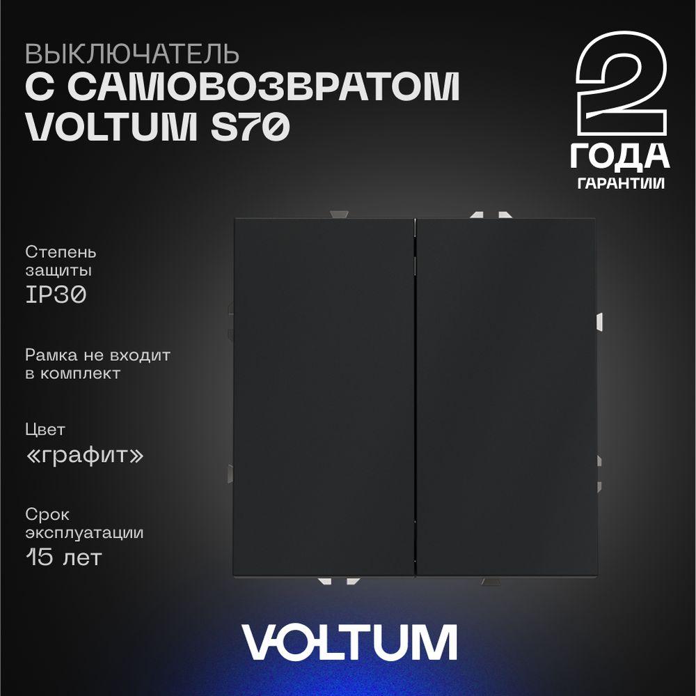 Электротовар Выключатель с самовозвратом встраиваемый Voltum S70 двухклавишный 10А, (графит)… серый пластик