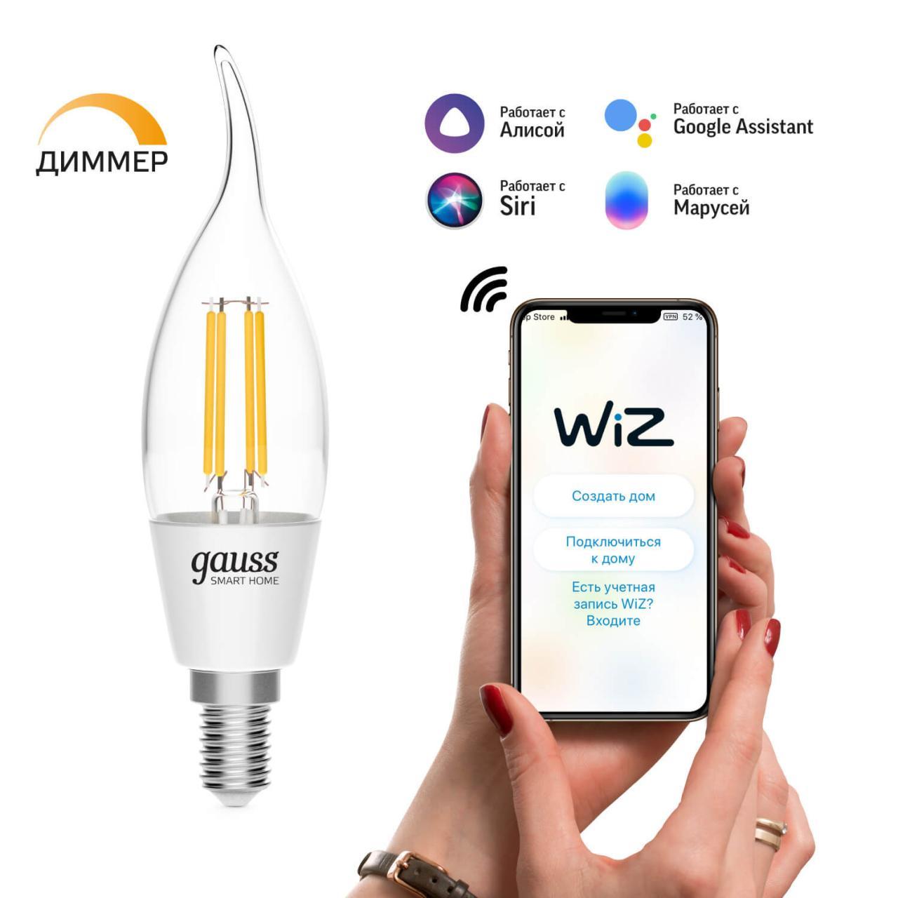 Лампочк Лампа светодиодная диммируемая филаментная Gauss Smart Home Filament прозрачная… прозрачный стекло