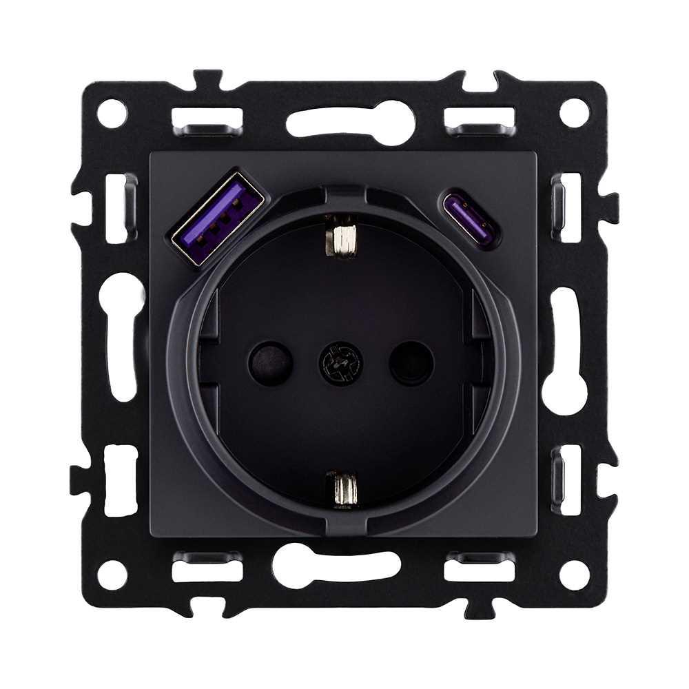 Электротовар Розетка штепсельная SCHUKO 16A / 250 В с USB A+C 20W, черный Kollinger Asthetik… черный