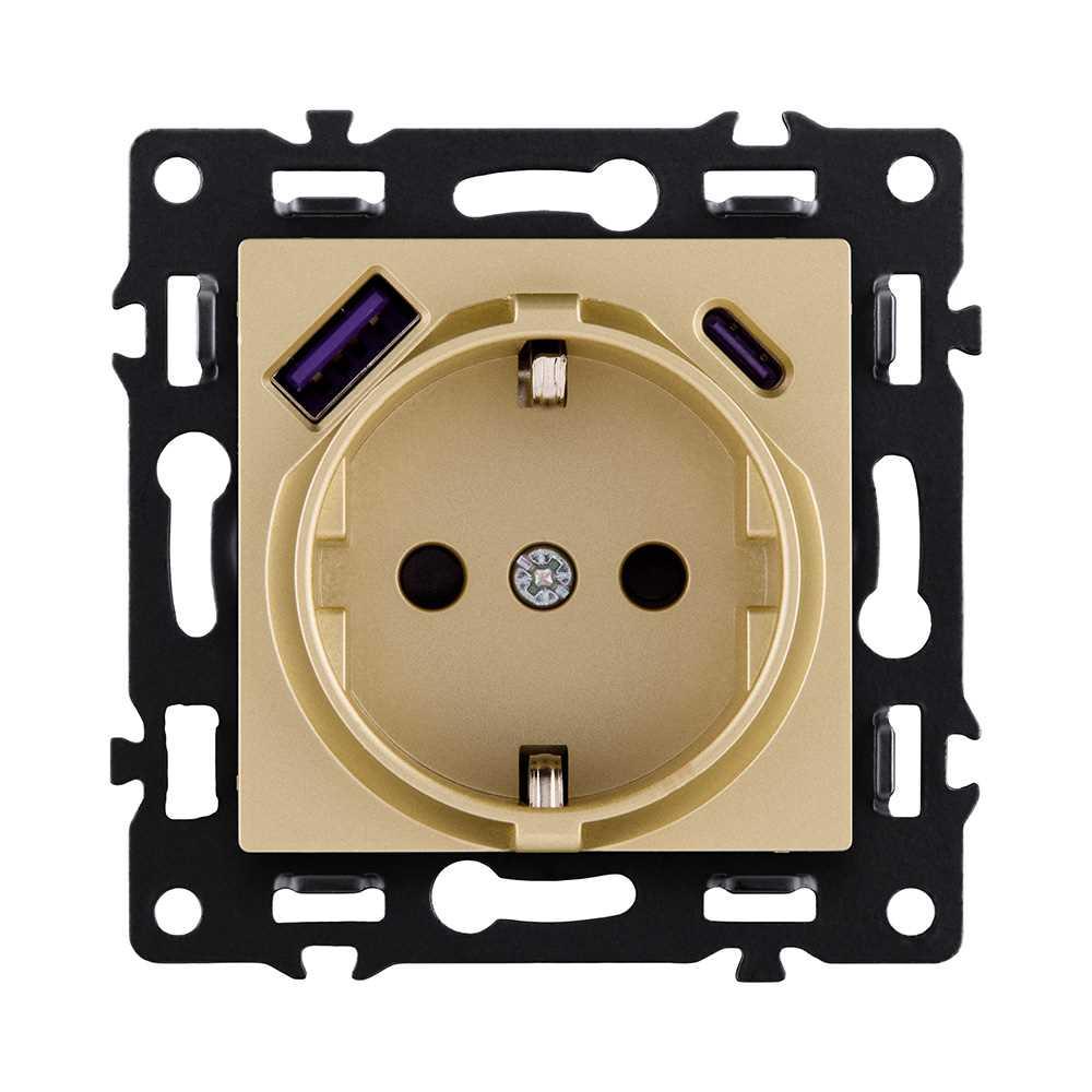 Электротовар Розетка штепсельная SCHUKO 16A / 250 В с USB A+C 20W, золотой Kollinger Asthetik… золото