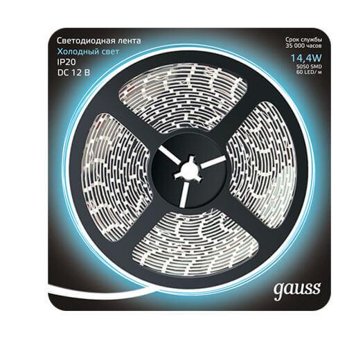 Светодиодные лент Светодиодная лента Gauss m 60LED m 5050SMD холодный белый 5M белый пластик
