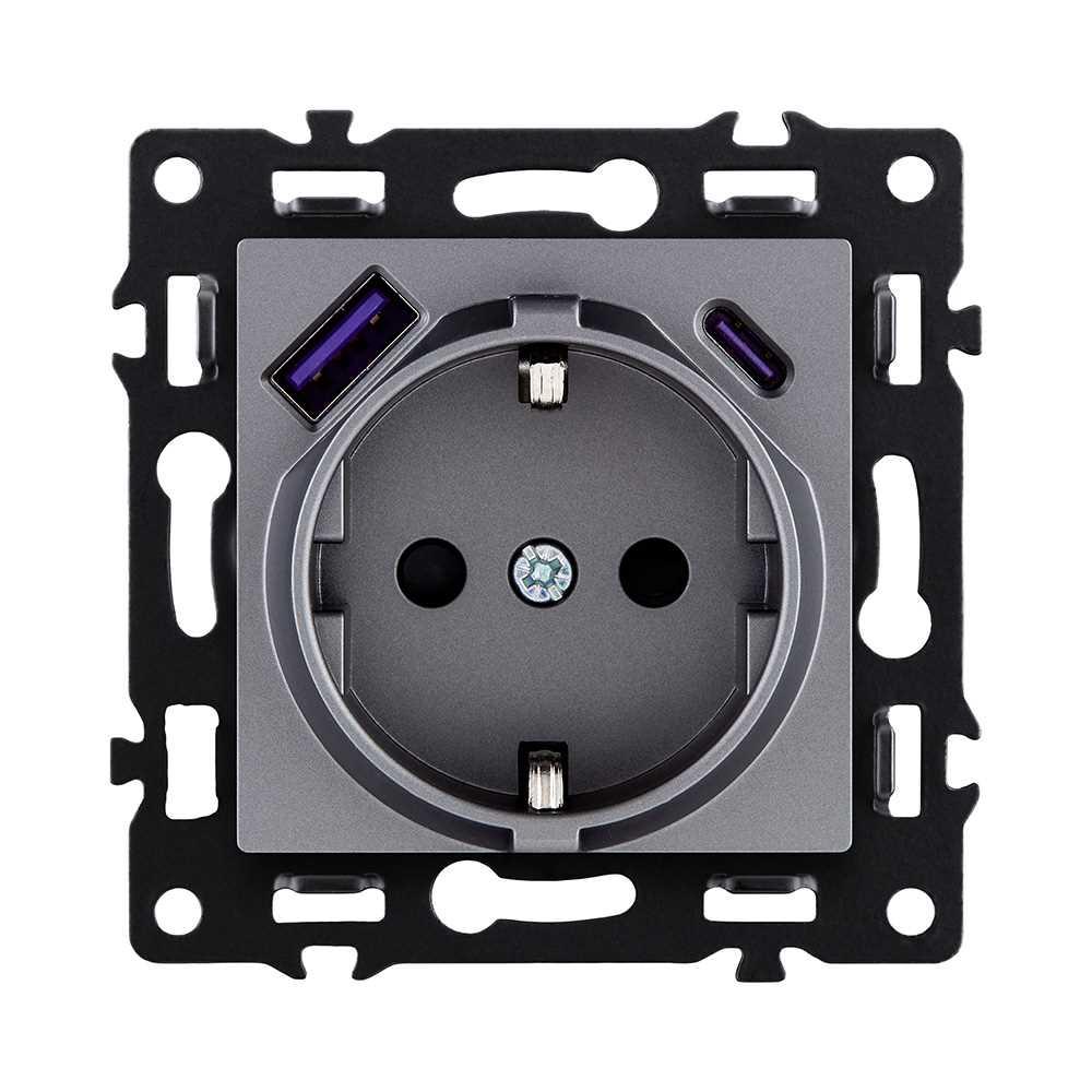 Электротовар Розетка штепсельная SCHUKO 16A / 250 В с USB A+C 20W, серый Kollinger Asthetik… серый