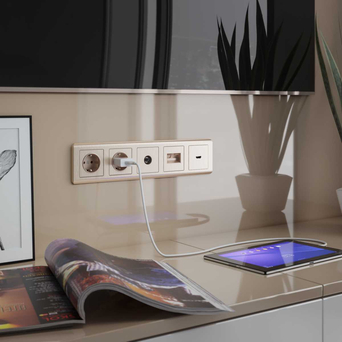 Электротовар Лицевая панель для двойной розетки Еthernet RJ-45 Werkel шампань рифленый W1191110… бежевый поликарбонат — фото 2