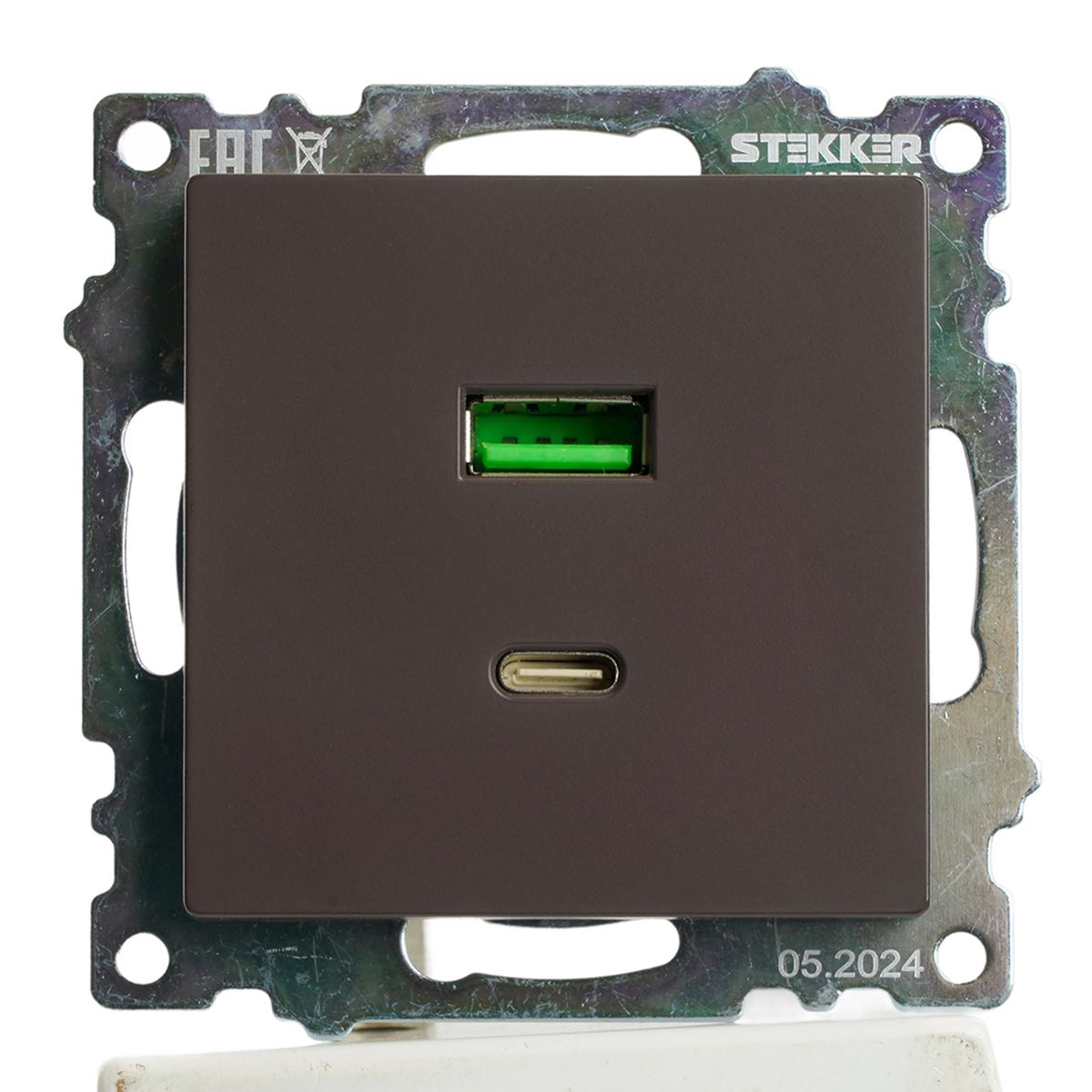 Электротовар Розетка 2-местная USB + type C, STEKKER GLS10-7116-04, 250В, 3А, max 20W, серия… коричневый поликарбонат / латунь — фото 2