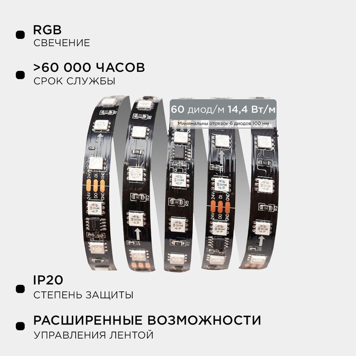 Светодиодные лент Комплект адресной светодиодной ленты Apeyron m 60LED m 5050SMD, Черный черный пвх — фото 3