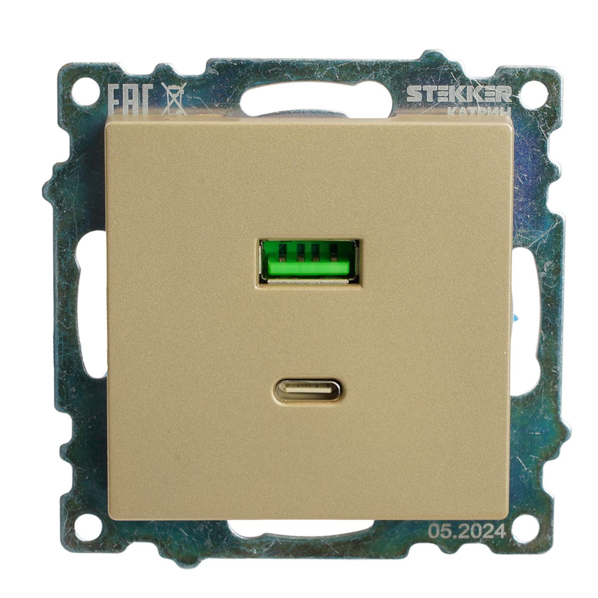 Электротовар Розетка 2-местная USB + type C (механизм), 250В, 3А, max 20W, STEKKER,… золото поликарбонат / латунь — фото 5