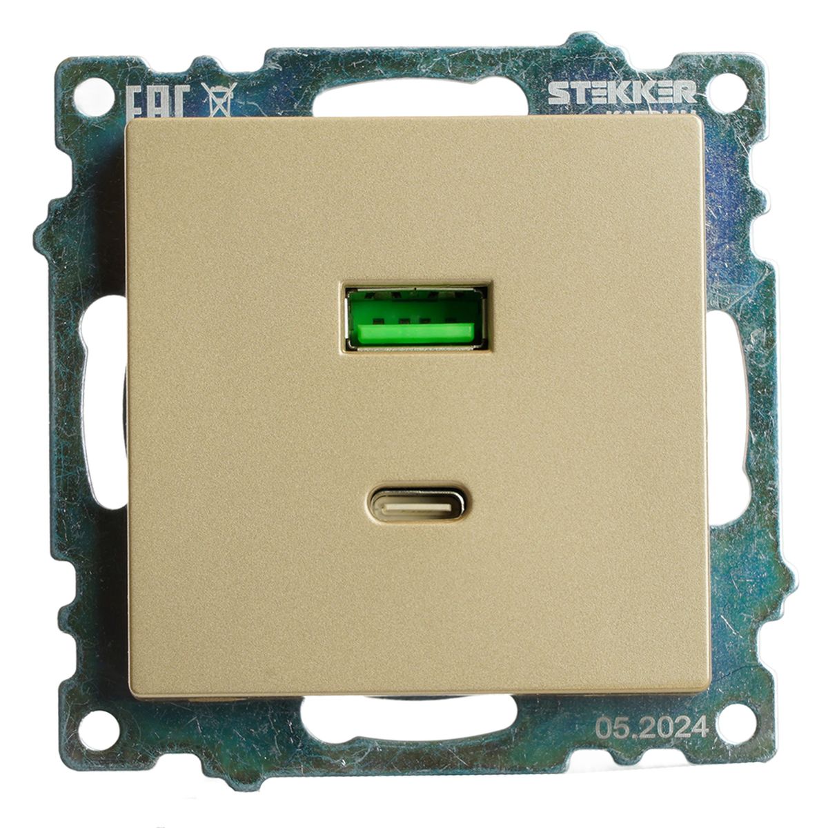 Электротовар Розетка 2-местная USB + type C (механизм), 250В, 3А, max 20W, STEKKER,… золото поликарбонат / латунь — фото 3