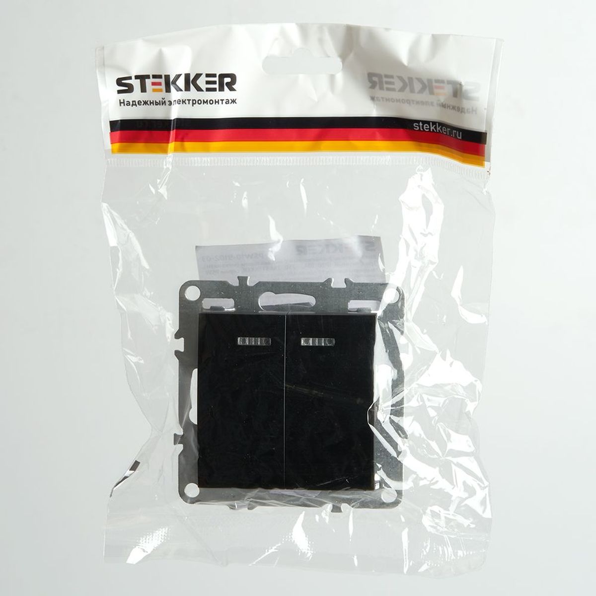 Электротовар Выключатель двухклавишный Stekker Эрна с подсветкой черный PSW10-9102-03 49147 черный abs-пластик / латунь — фото 2