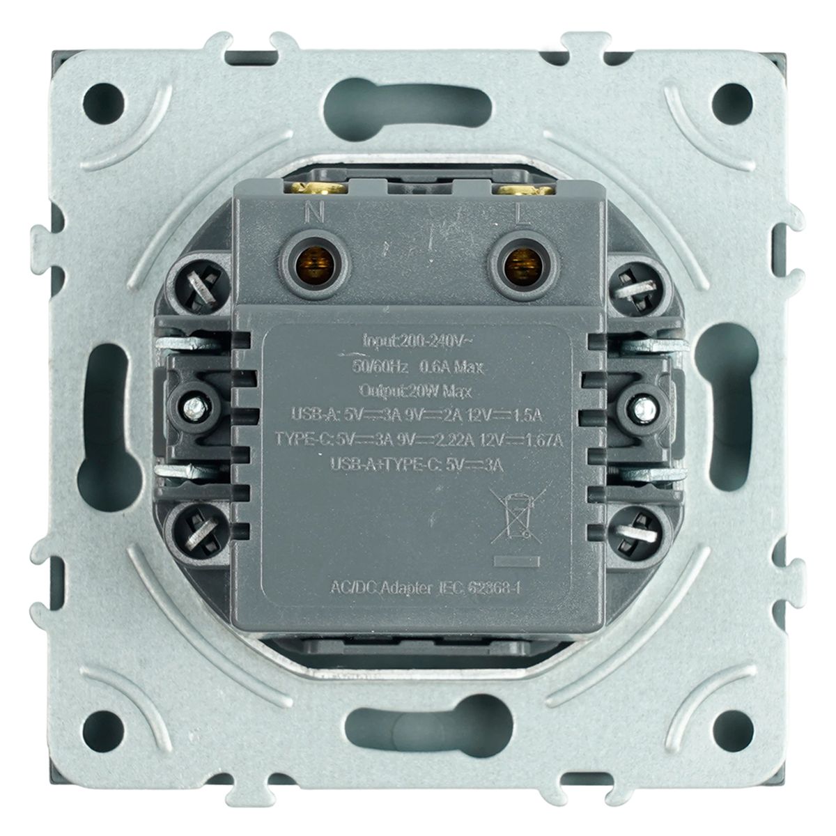 Электротовар Розетка 2-местная USB + Type C (механизм), Stekker, 250В, 20W Эмили, RST10-5115-09,… серый поликарбонат / латунь / металлические / металл — фото 5