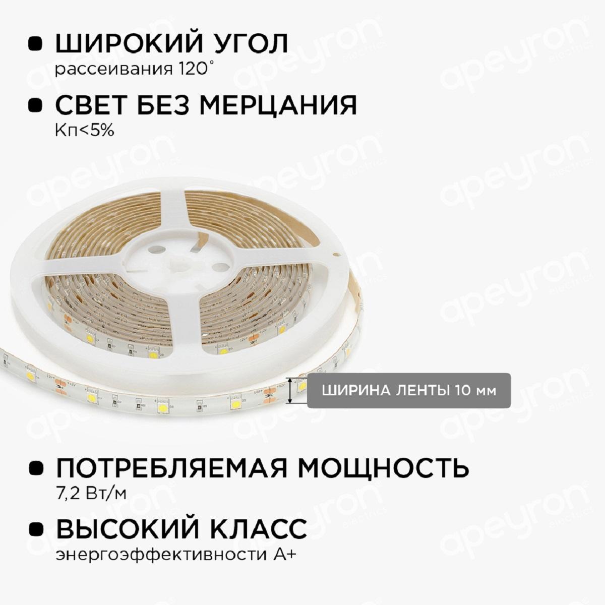 Светодиодные лент Светодиодная влагозащищенная лента Apeyron m 30LED m 5050SMD холодный, Белый белый пластиковые — фото 4