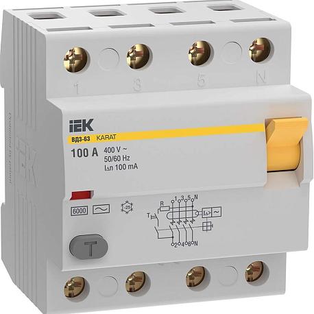 Выключатель дифференциальный (УЗО) KARAT ВД3-63 4P 100А 100мА 6кА тип AC IEK MDV20-4-100-100