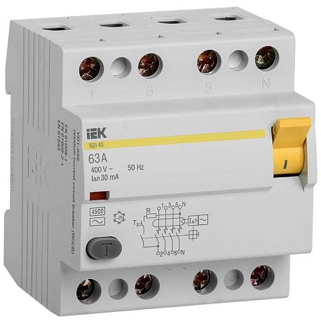 Выключатель дифференциальный (УЗО) ВД1-63 4Р 63А 30мА IEK MDV10-4-063-030