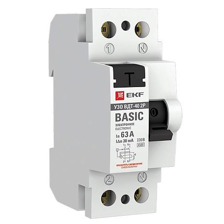 Устройство защитного отключения УЗО ВДТ-40 2P 63А/ 30мА (электронное) EKF Basic elcb-2-63-30e-sim