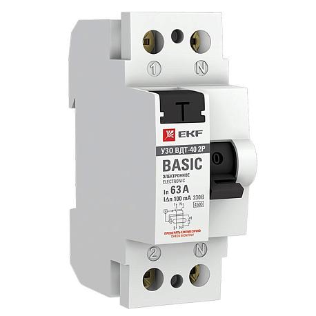 Устройство защитного отключения УЗО ВДТ-40 2P 63А/100мА (электронное) EKF Basic elcb-2-63-100e-sim