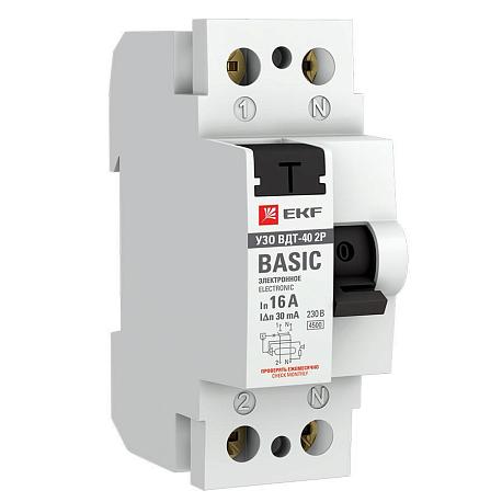 Устройство защитного отключения УЗО ВДТ-40 2P 16А/ 10мА (электронное) EKF Basic elcb-2-16-10e-sim