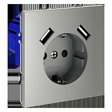Розетка встраиваемая Voltum S70 с заземлением и защитными шторками, 16А, с USB, A+A, (сталь) VLS040405