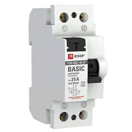 Устройство защитного отключения УЗО ВДТ-40 2P 25А/ 30мА (электронное) EKF Basic elcb-2-25-30e-sim