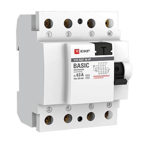 Устройство защитного отключения УЗО ВДТ-40 4P 63А/ 30мА (электронное) EKF Basic elcb-4-63-30e-sim