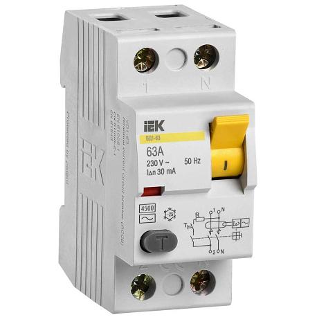 Выключатель дифференциальный (УЗО) ВД1-63 2Р 63А 30мА IEK MDV10-2-063-030