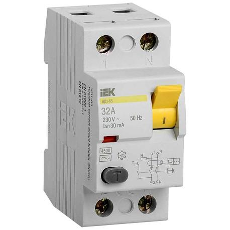 Выключатель дифференциальный (УЗО) ВД1-63 2Р 32А 30мА IEK MDV10-2-032-030