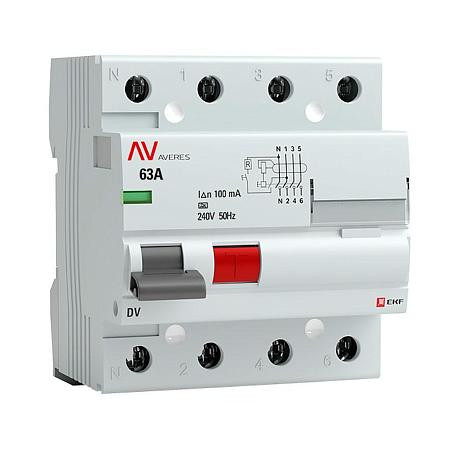 Устройство защитного отключения DV 4P 63А/100мА (A) EKF AVERES rccb-4-63-100-a-av